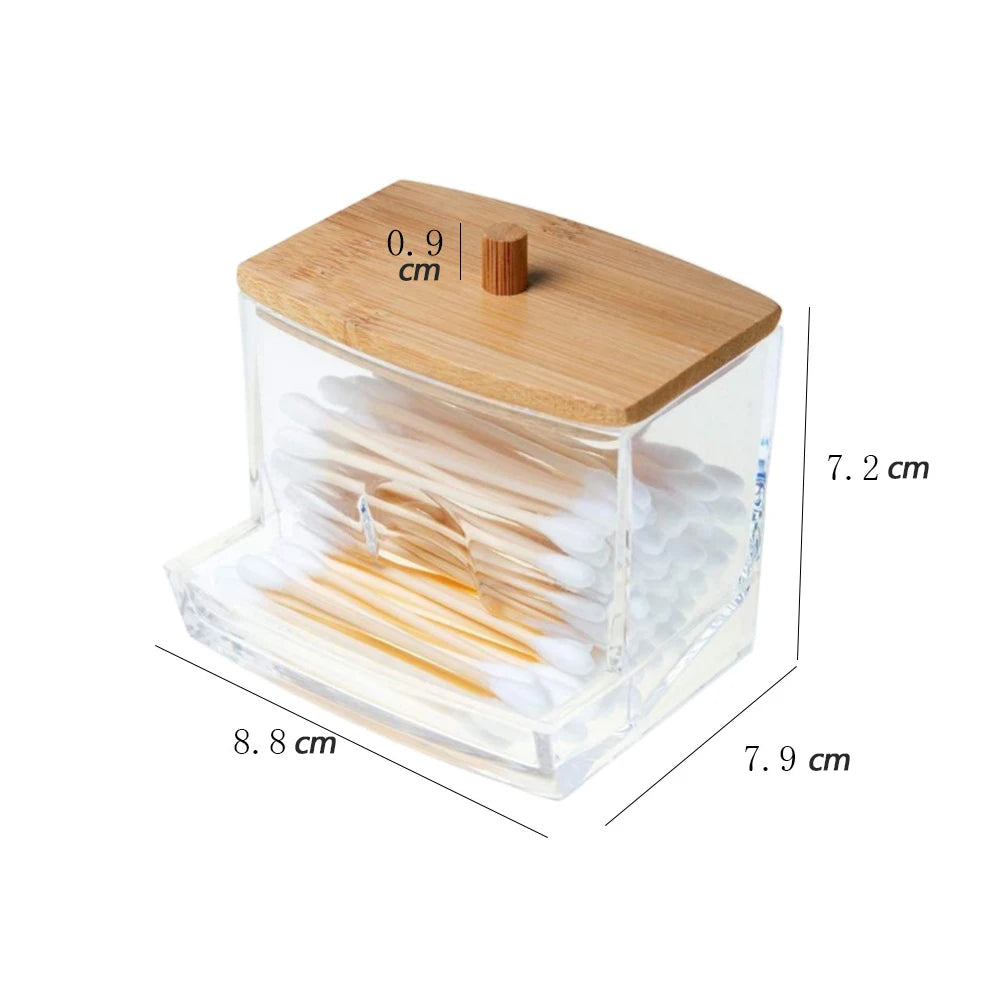Acrylic Storage Box Bathroom Jar Makeup Organizer Cotton Round Pad Holder Cotton Swab Box Qtip Holder Dispenser with Bamboo Lid