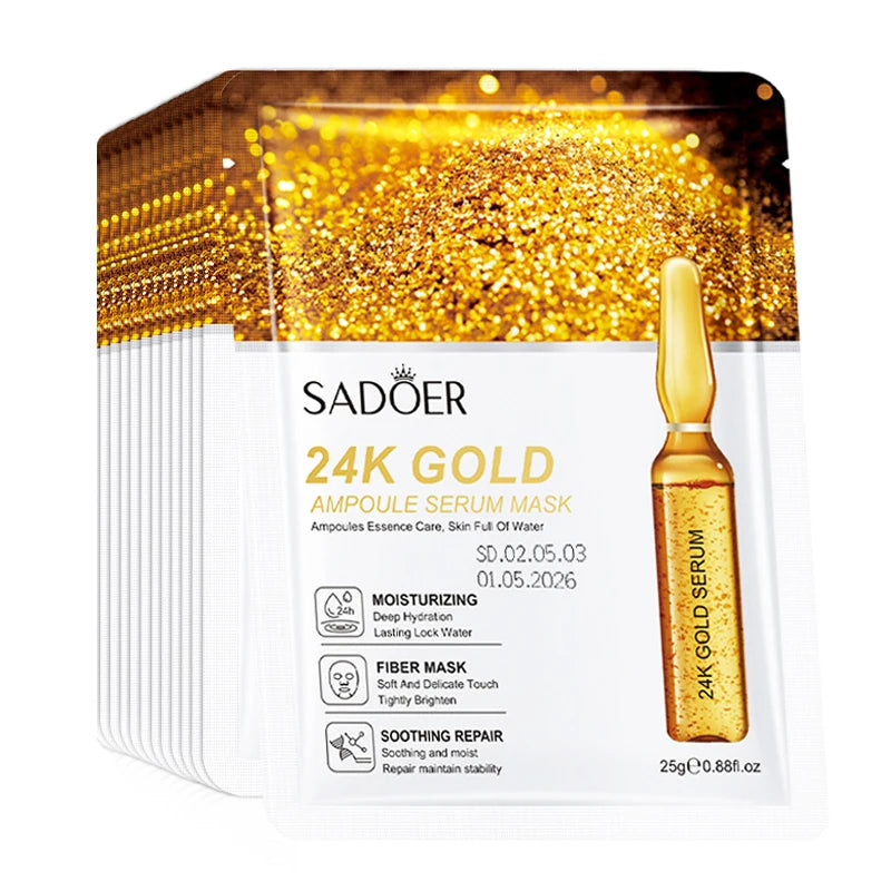 10pcs SADOER 24K Gold Vitamin C Hyaluronic Acid Face Mask Facial Moisturizing Firming Hydrating Facial Masks Skin Care Products####