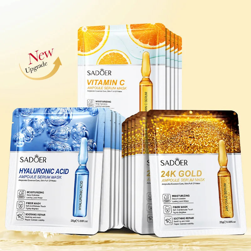 10pcs SADOER 24K Gold Vitamin C Hyaluronic Acid Face Mask Facial Moisturizing Firming Hydrating Facial Masks Skin Care Products5