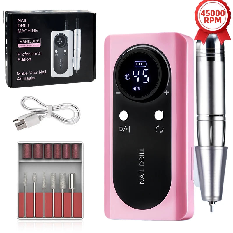 45000RPM Nail Drill Machine Kit Rechargeable Nail Sander Machine With Pause Mode Professional Electric Nail File for Manicur