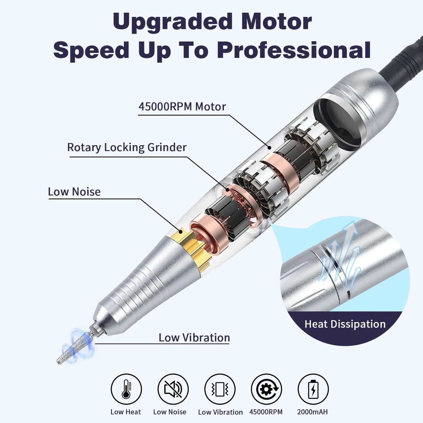 45000RPM Nail Drill Machine Kit Rechargeable Nail Sander Machine With Pause Mode Professional