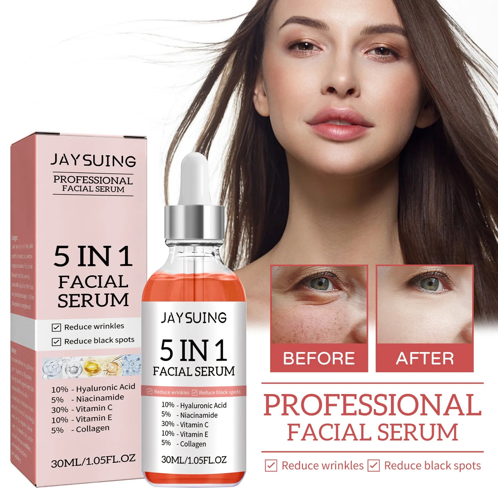 5 In 1 Facial Serum Fade Fine Lines Firming Skin Shrink Pores Moisturizing Brightning Vitamin C Hyaluronic Acid Face Serum