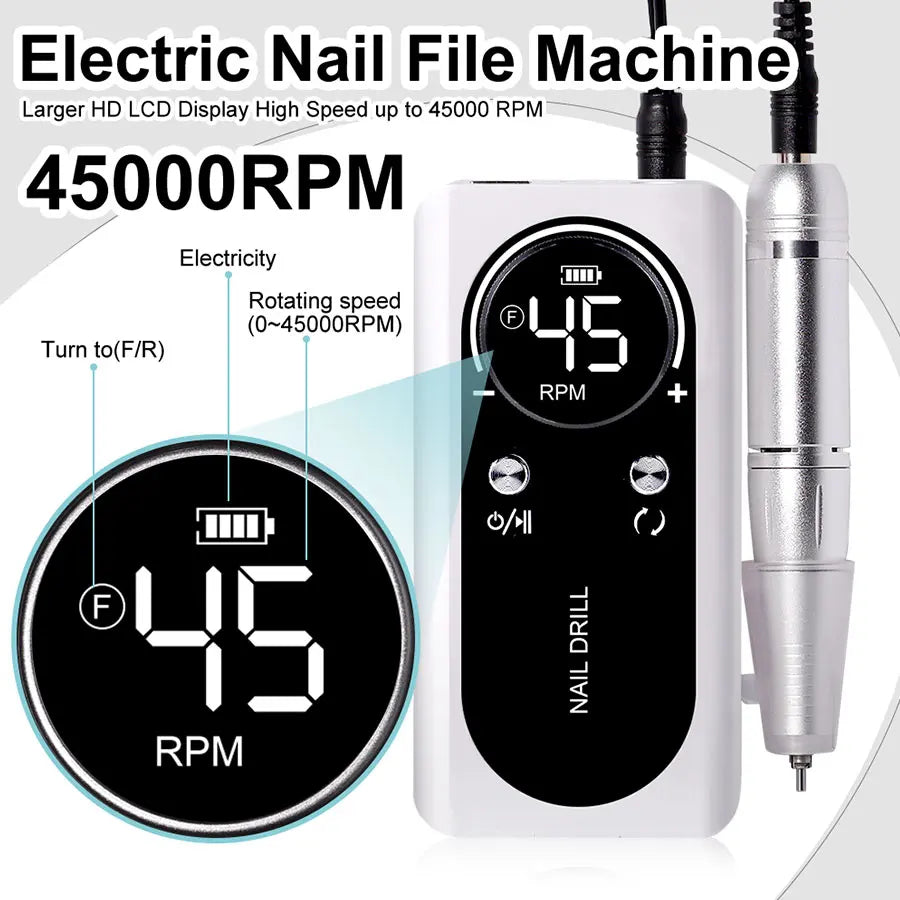 Nail Drill Machine Electric Portable 45000RPM e Nail File Rechargeable Nail Sander for Gel Nails 