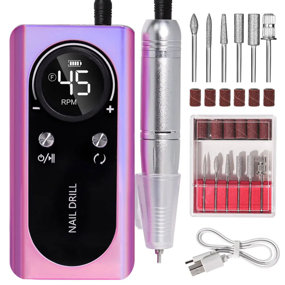 Nail Drill Machine Electric Portable 45000RPM e Nail File Rechargeable Nail Sander for Gel Nails Polishing For Home Manicure Salon