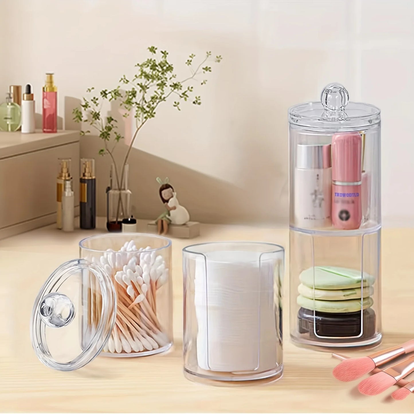 Acrylic Storage Box Bathroom Jar Makeup Organizer Cotton Round Pad Holder Cotton Swab Box Qtip Holder Dispenser with Bamboo Lid