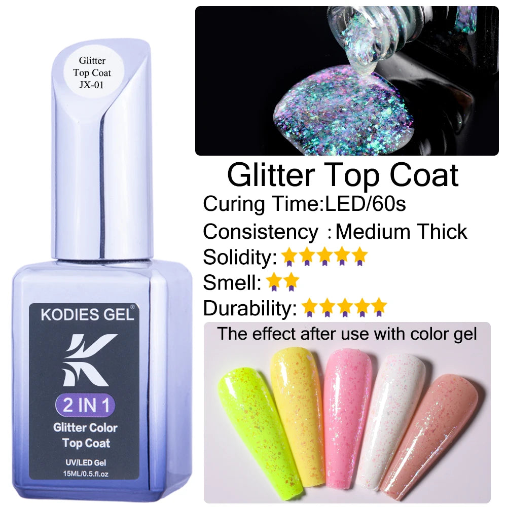 KODIES GEL Top Coat UV Gel Nail Polish 15ML Glitter Diamond Topcoat Semi Permanent Manicure Summer Gel Varnish for Nails Art
