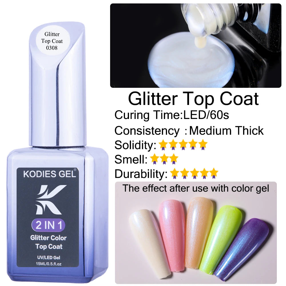 KODIES GEL Top Coat UV Gel Nail Polish 15ML Glitter Diamond Topcoat Semi Permanent Manicure Summer Gel Varnish for Nails Art