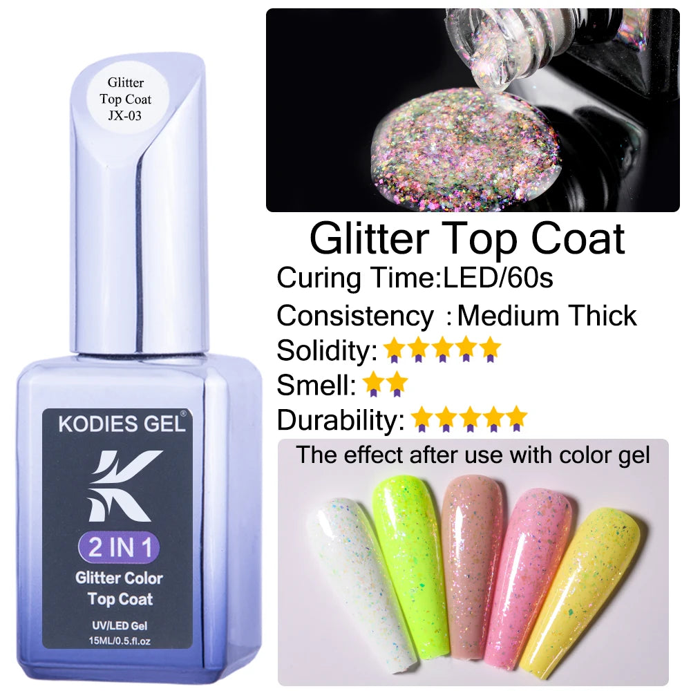 KODIES GEL Top Coat UV Gel Nail Polish 15ML Glitter Diamond Topcoat Semi Permanent Manicure Summer Gel Varnish for Nails Art