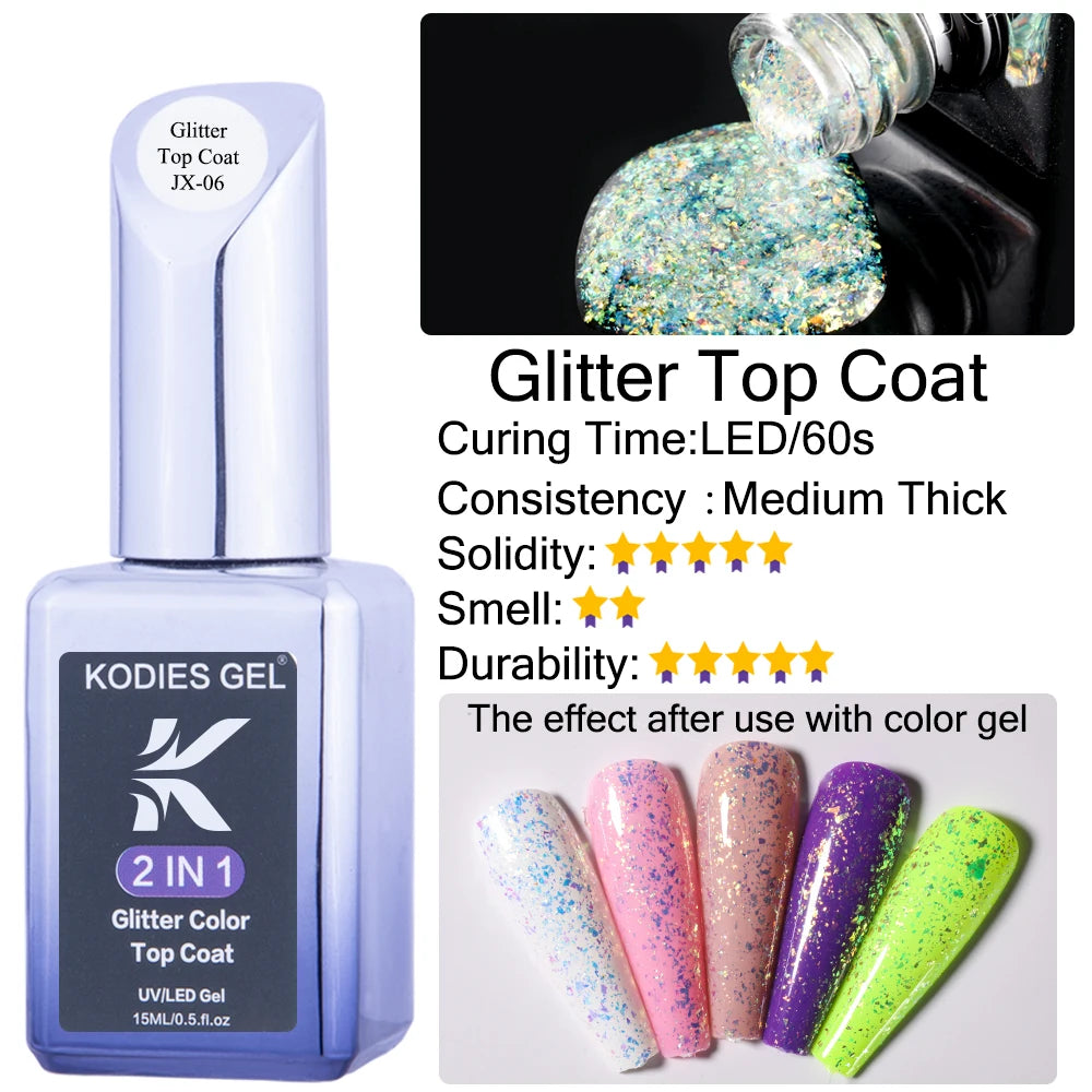 KODIES GEL Top Coat UV Gel Nail Polish 15ML Glitter Diamond Topcoat Semi Permanent Manicure Summer Gel Varnish for Nails Art