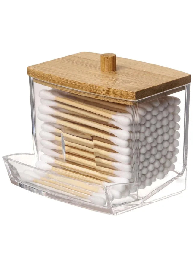 Acrylic Storage Box Bathroom Jar Makeup Organizer Cotton Round Pad Holder Cotton Swab Box Qtip Holder Dispenser with Bamboo Lid
