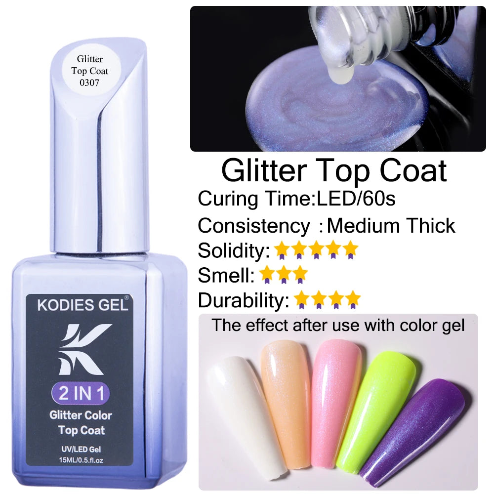 KODIES GEL Top Coat UV Gel Nail Polish 15ML Glitter Diamond Topcoat Semi Permanent Manicure Summer Gel Varnish for Nails Art