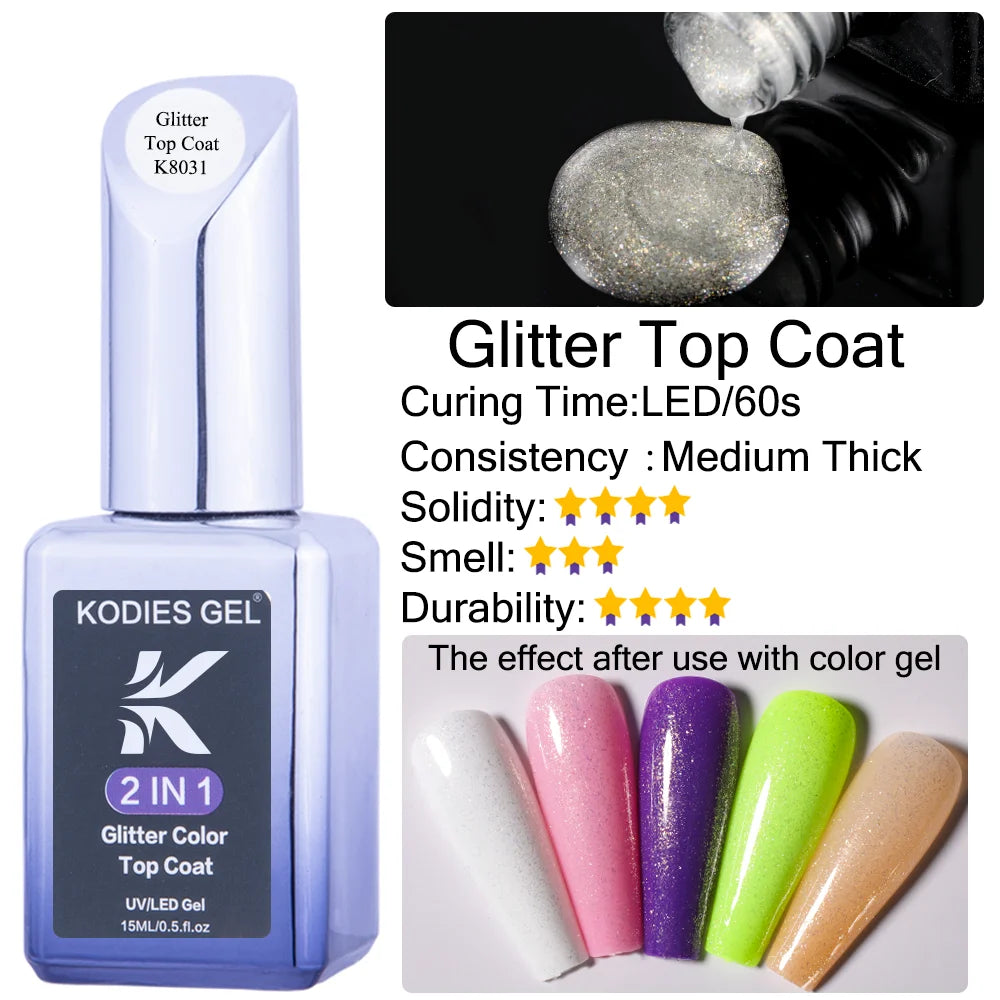 KODIES GEL Top Coat UV Gel Nail Polish 15ML Glitter Diamond Topcoat Semi Permanent Manicure Summer Gel Varnish for Nails Art