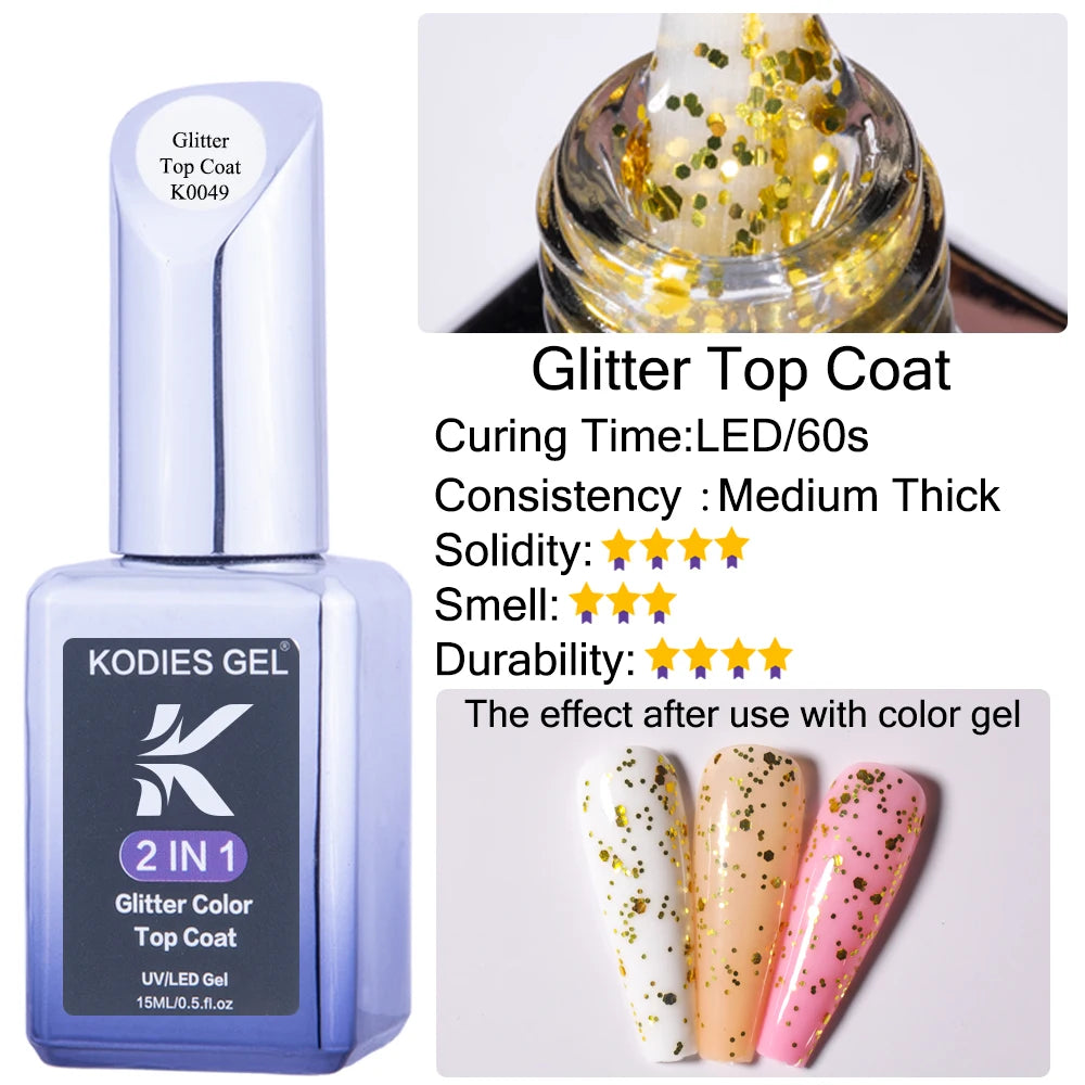 KODIES GEL Top Coat UV Gel Nail Polish 15ML Glitter Diamond Topcoat Semi Permanent Manicure Summer Gel Varnish for Nails Art