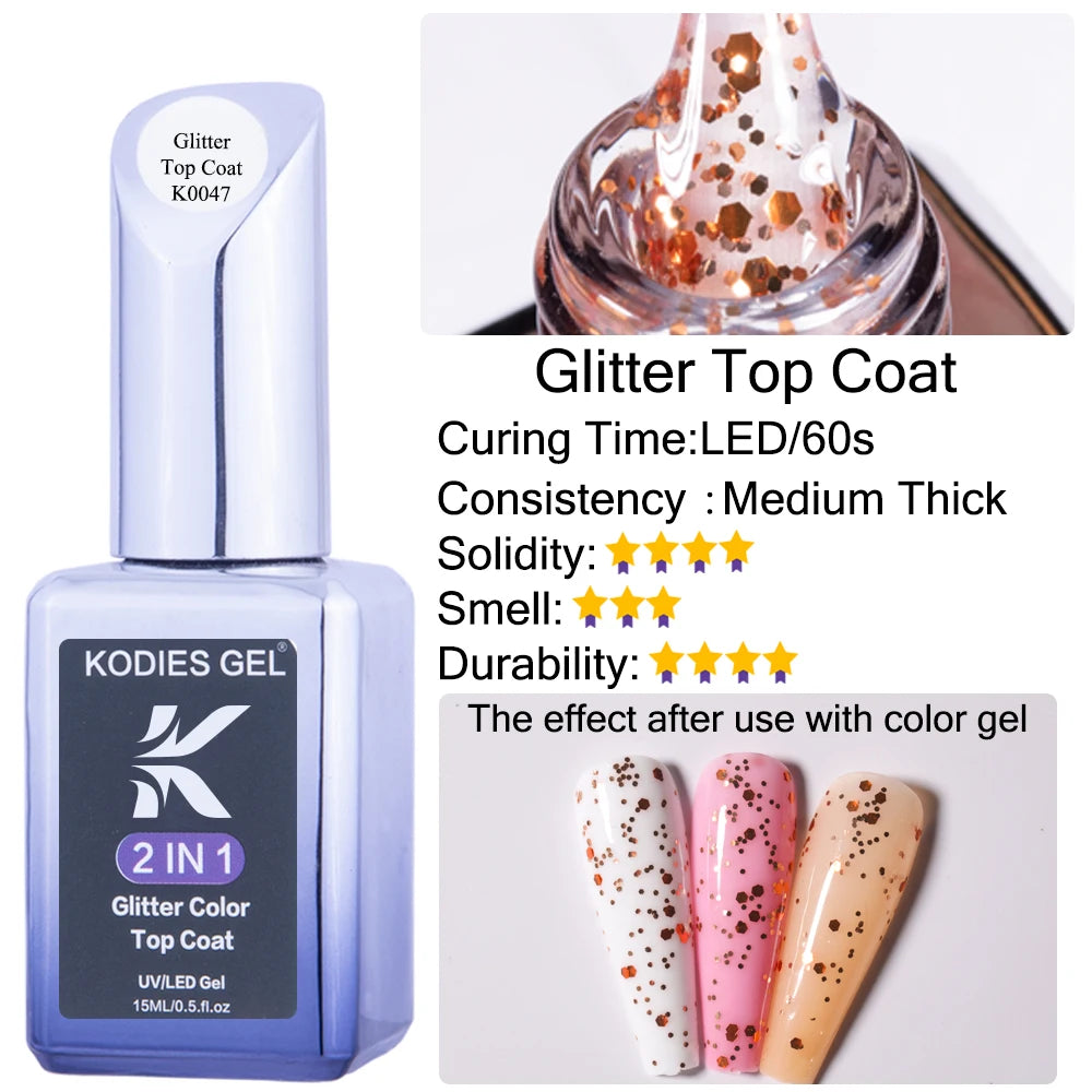 KODIES GEL Top Coat UV Gel Nail Polish 15ML Glitter Diamond Topcoat Semi Permanent Manicure Summer Gel Varnish for Nails Art