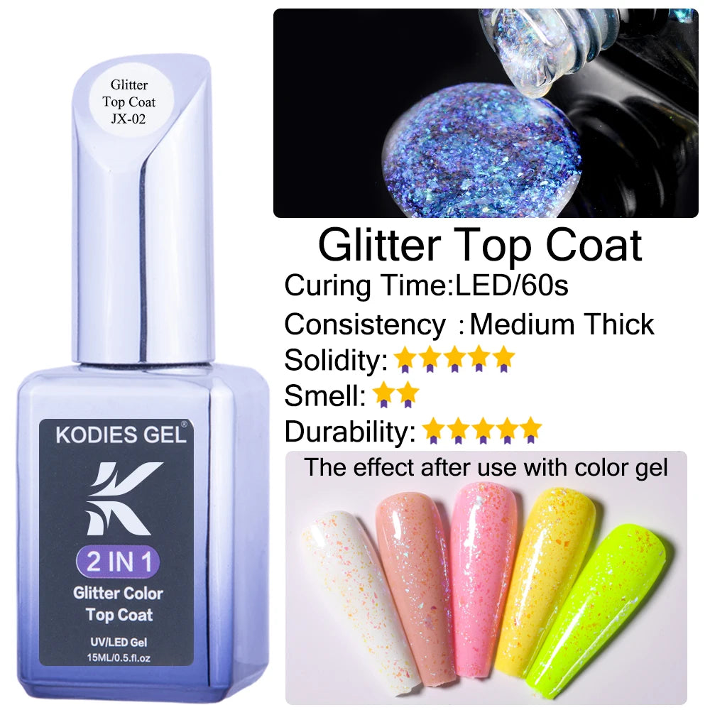 KODIES GEL Top Coat UV Gel Nail Polish 15ML Glitter Diamond Topcoat Semi Permanent Manicure Summer Gel Varnish for Nails Art