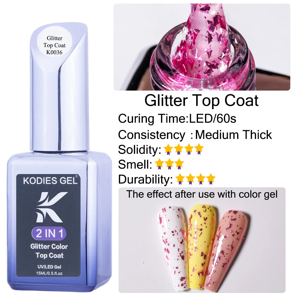 KODIES GEL Top Coat UV Gel Nail Polish 15ML Glitter Diamond Topcoat Semi Permanent Manicure Summer Gel Varnish for Nails Art