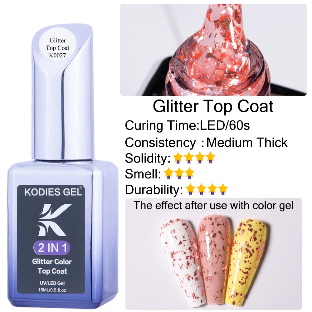 KODIES GEL Top Coat UV Gel Nail Polish 15ML Glitter Diamond Topcoat Semi Permanent Manicure Summer Gel Varnish for Nails Art