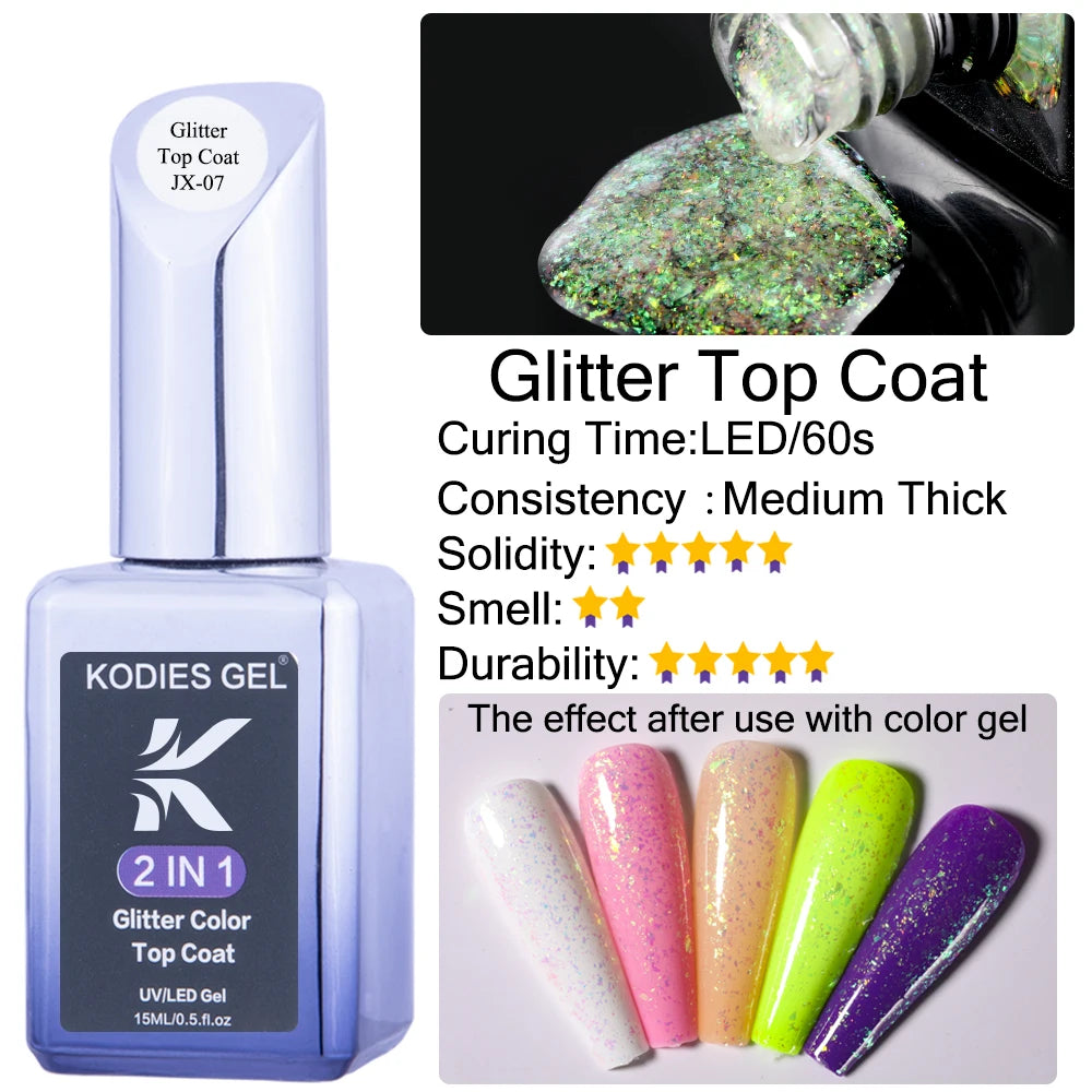 KODIES GEL Top Coat UV Gel Nail Polish 15ML Glitter Diamond Topcoat Semi Permanent Manicure Summer Gel Varnish for Nails Art