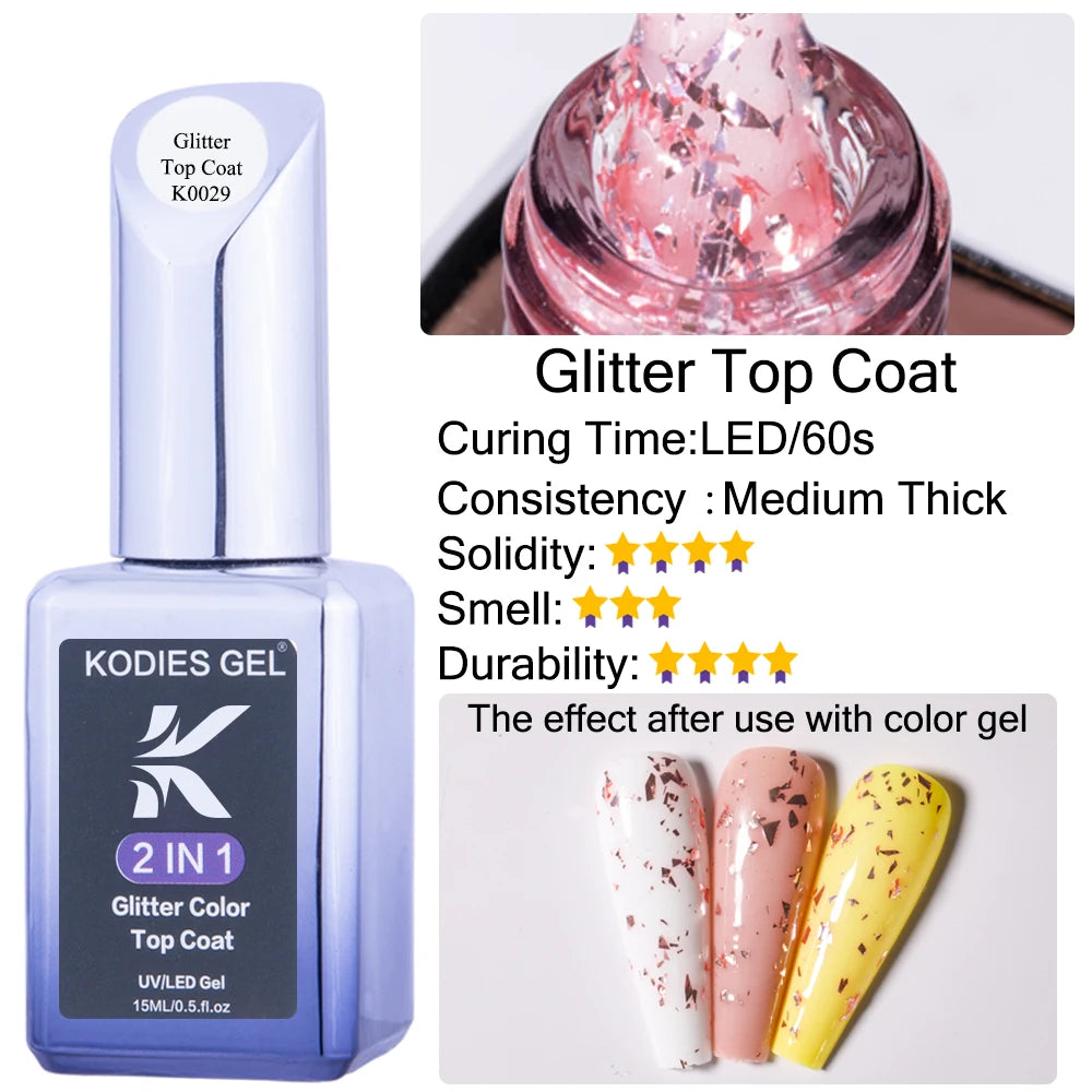 KODIES GEL Top Coat UV Gel Nail Polish 15ML Glitter Diamond Topcoat Semi Permanent Manicure Summer Gel Varnish for Nails Art