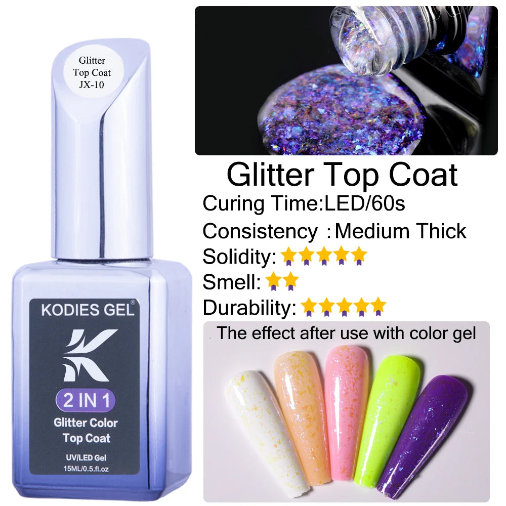 KODIES GEL Top Coat UV Gel Nail Polish 15ML Glitter Diamond Topcoat Semi Permanent Manicure Summer Gel Varnish for Nails Art