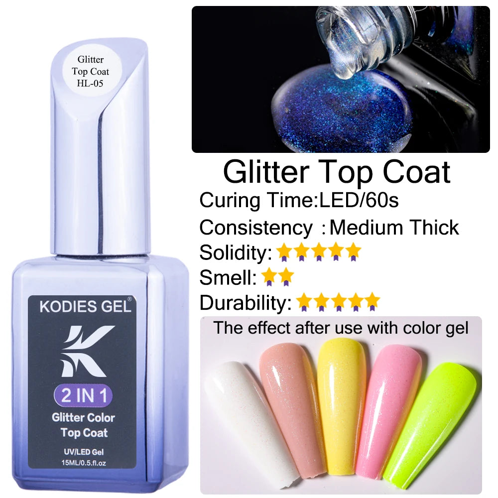 KODIES GEL Top Coat UV Gel Nail Polish 15ML Glitter Diamond Topcoat Semi Permanent Manicure Summer Gel Varnish for Nails Art