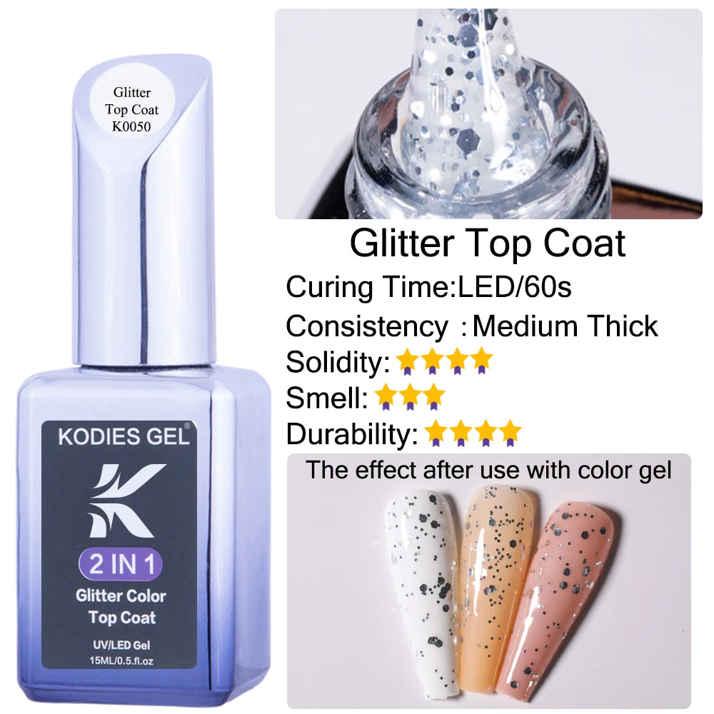 KODIES GEL Top Coat UV Gel Nail Polish 15ML Glitter Diamond Topcoat Semi Permanent Manicure Summer Gel Varnish for Nails Art