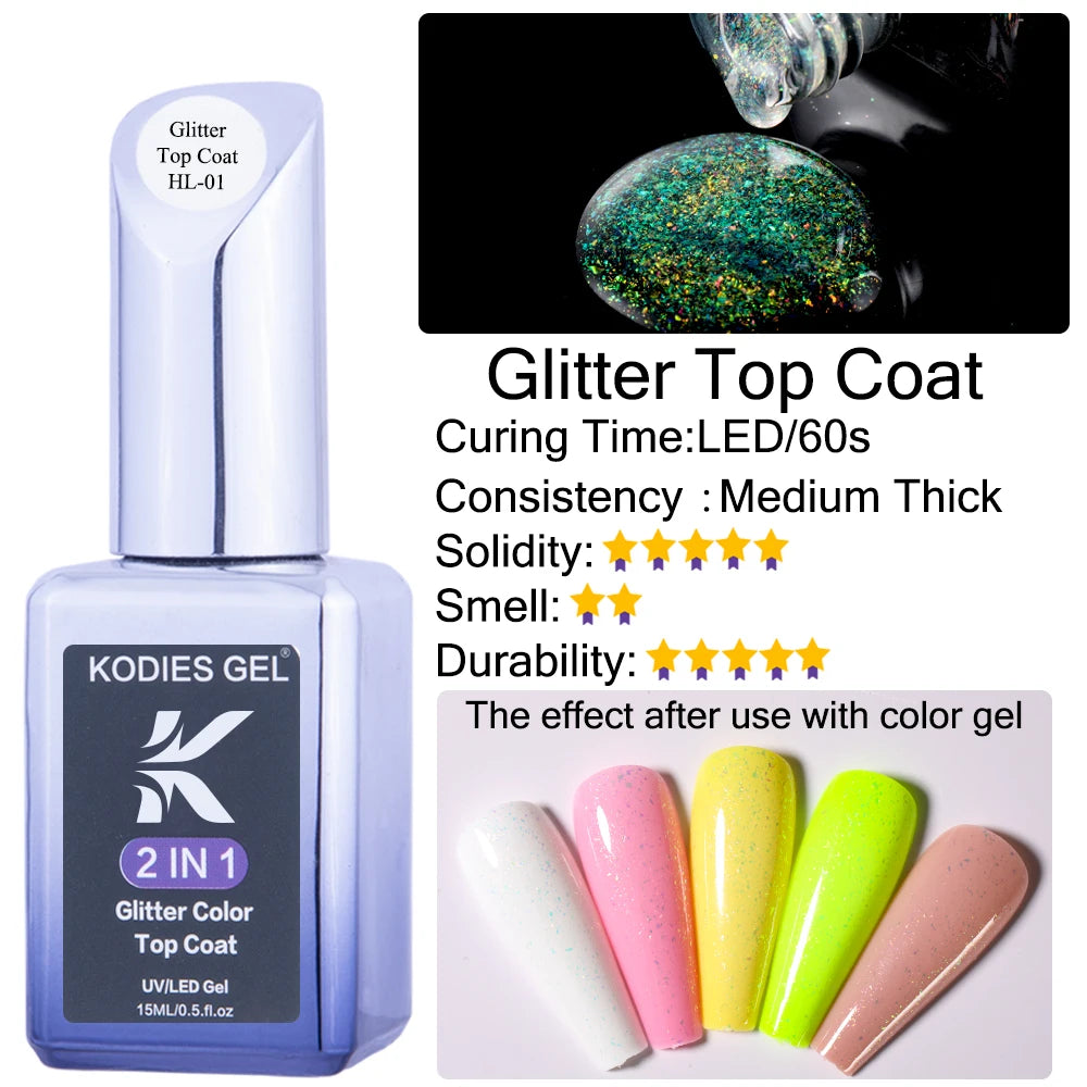 KODIES GEL Top Coat UV Gel Nail Polish 15ML Glitter Diamond Topcoat Semi Permanent Manicure Summer Gel Varnish for Nails Art