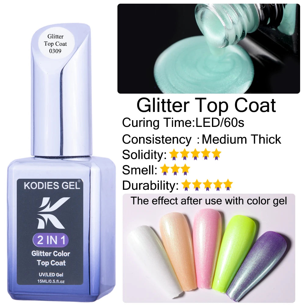 KODIES GEL Top Coat UV Gel Nail Polish 15ML Glitter Diamond Topcoat Semi Permanent Manicure Summer Gel Varnish for Nails Art