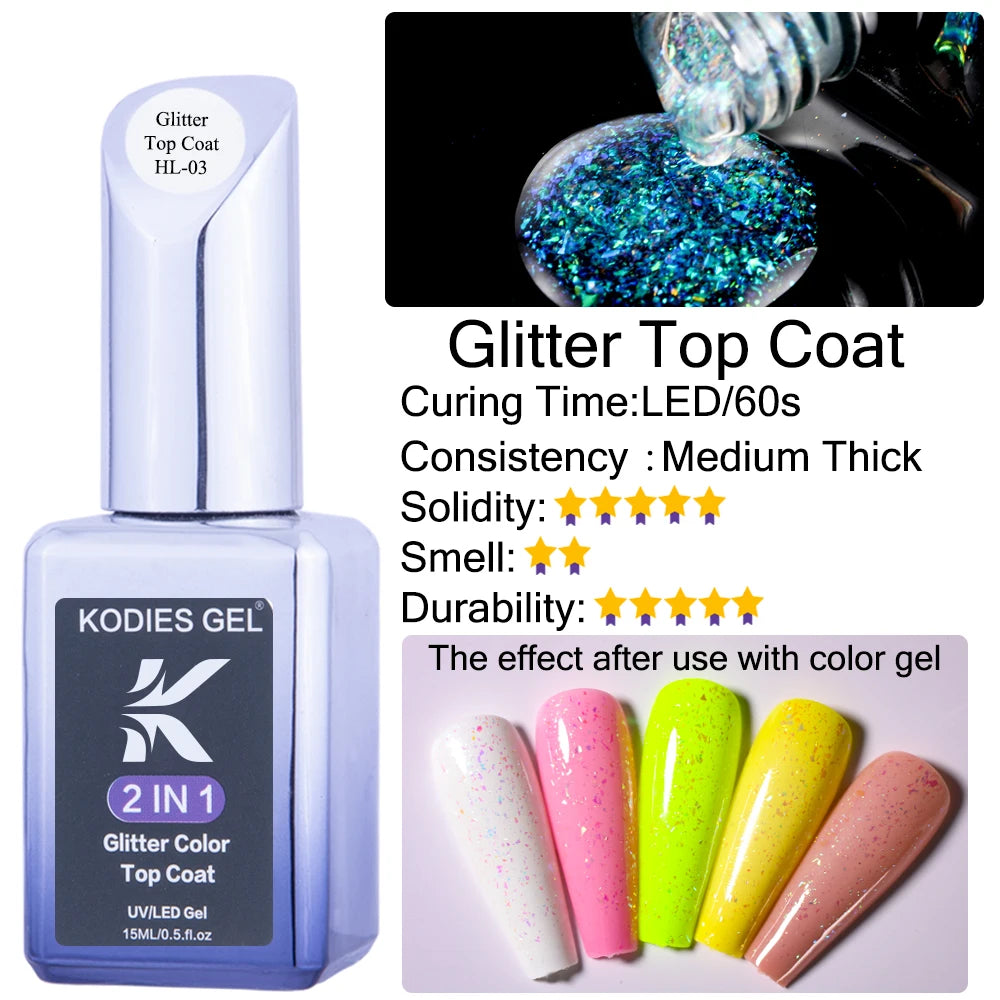 KODIES GEL Top Coat UV Gel Nail Polish 15ML Glitter Diamond Topcoat Semi Permanent Manicure Summer Gel Varnish for Nails Art