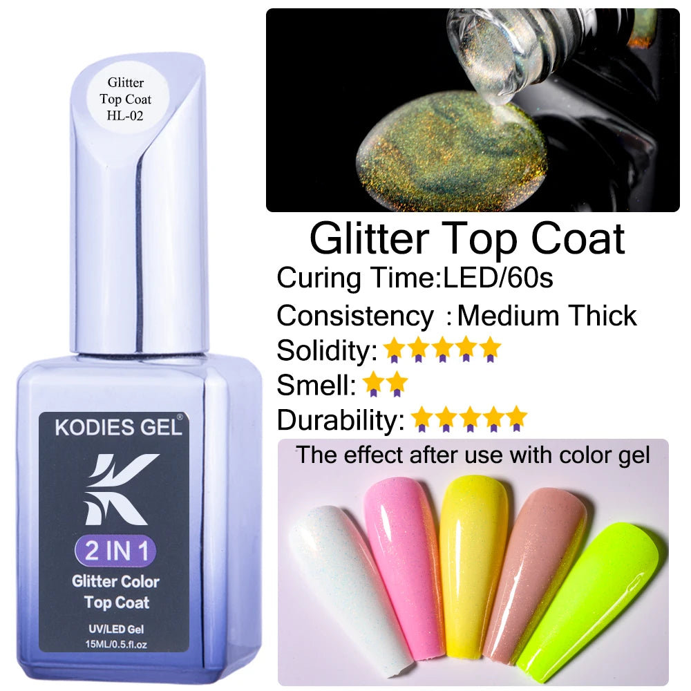 KODIES GEL Top Coat UV Gel Nail Polish 15ML Glitter Diamond Topcoat Semi Permanent Manicure Summer Gel Varnish for Nails Art