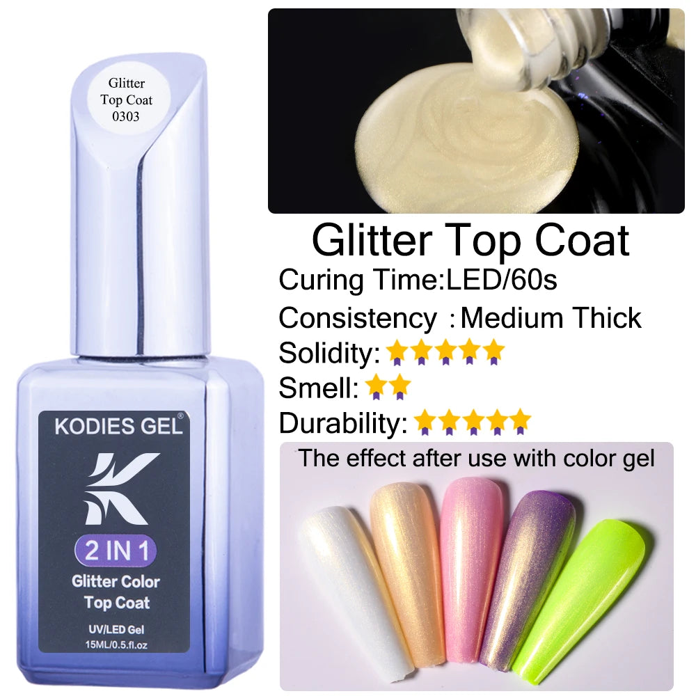KODIES GEL Top Coat UV Gel Nail Polish 15ML Glitter Diamond Topcoat Semi Permanent Manicure Summer Gel Varnish for Nails Art