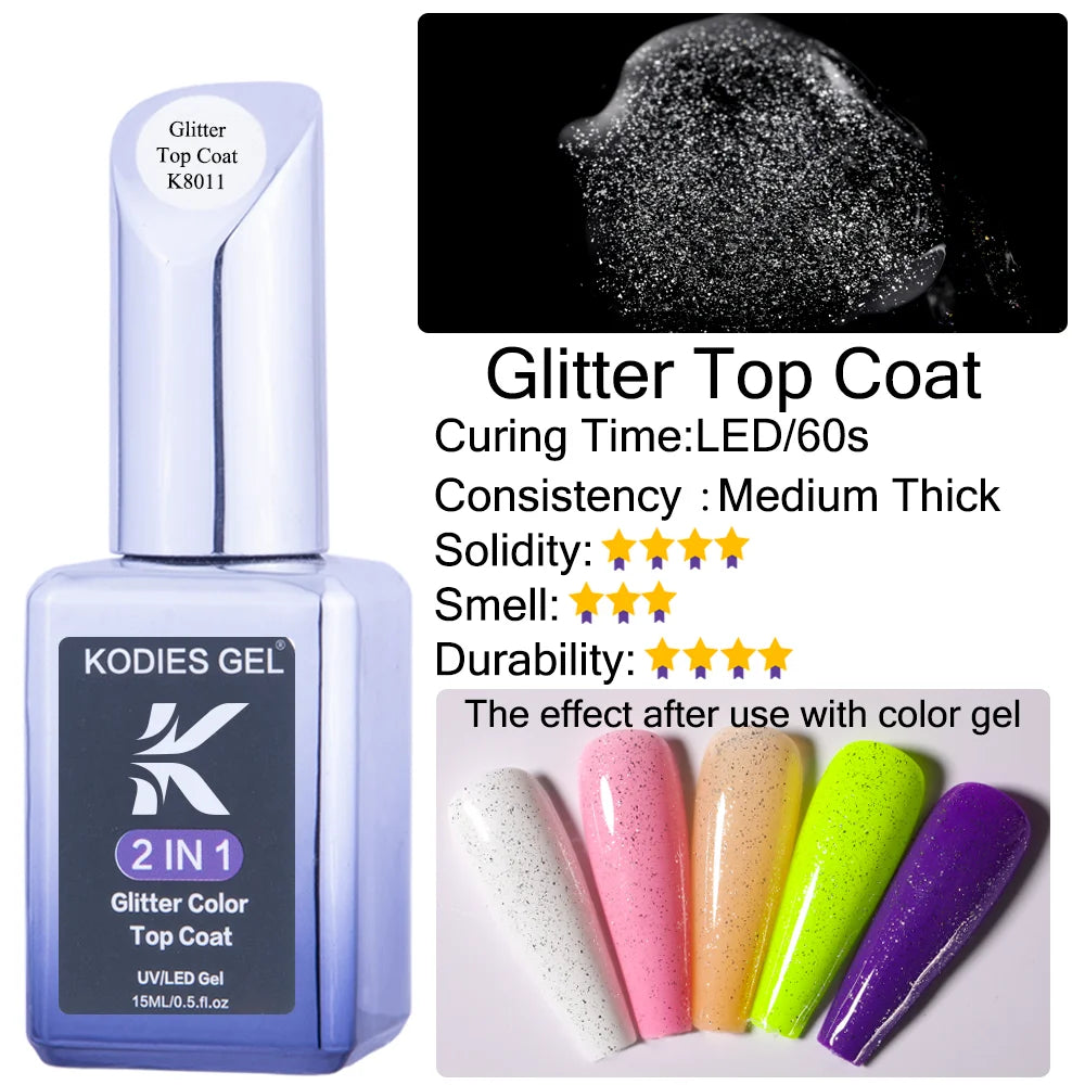 KODIES GEL Top Coat UV Gel Nail Polish 15ML Glitter Diamond Topcoat Semi Permanent Manicure Summer Gel Varnish for Nails Art