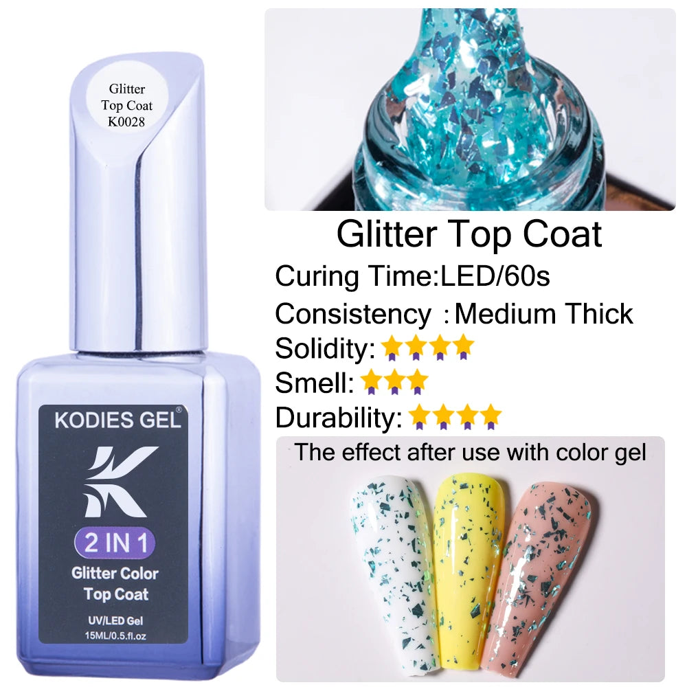 KODIES GEL Top Coat UV Gel Nail Polish 15ML Glitter Diamond Topcoat Semi Permanent Manicure Summer Gel Varnish for Nails Art