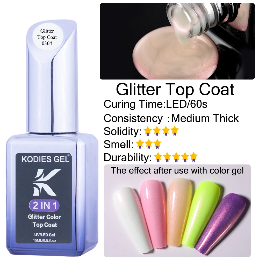 KODIES GEL Top Coat UV Gel Nail Polish 15ML Glitter Diamond Topcoat Semi Permanent Manicure Summer Gel Varnish for Nails Art