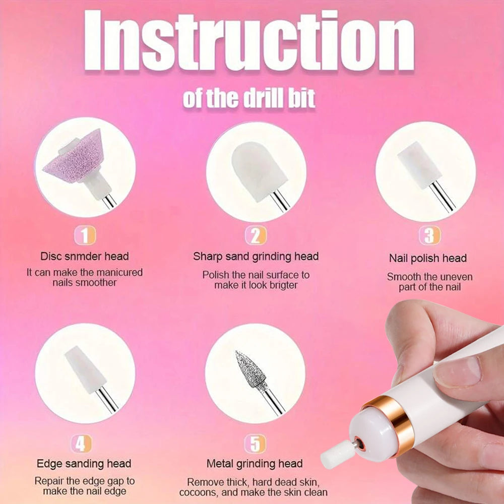 YIKOOLIN Portable Nail File Care Electric Nail Drill with 4 Speeds Cuticle Trimmer 